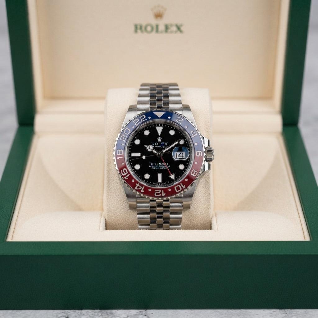Rolex men's quartz luxury watch displayed in a premium green box with black dial and stainless steel band.