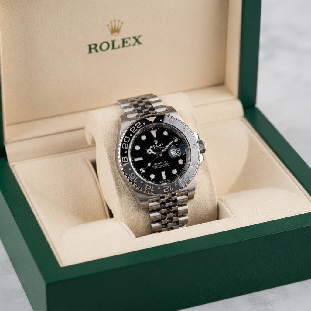 Rolex men's quartz luxury watch in a green box with a black dial and stainless steel bracelet.