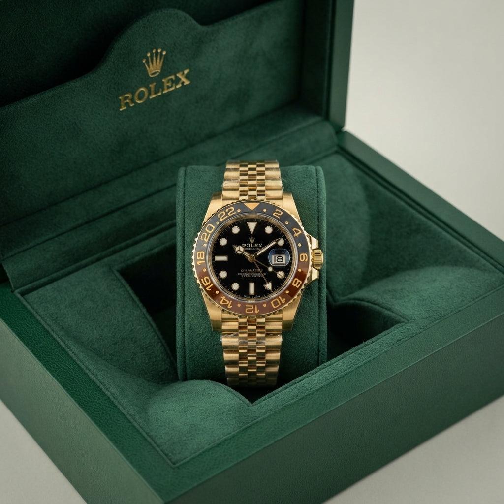 Rolex men's quartz luxury watch in a green box with a black dial and gold band, showcasing elegance and sophistication.