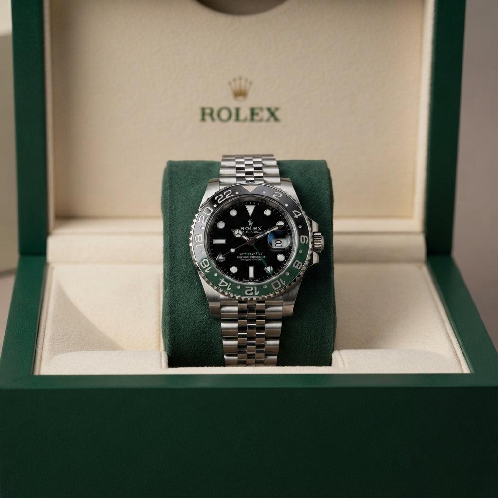 Rolex men's quartz luxury watch displayed in green box with black dial and stainless steel bracelet.