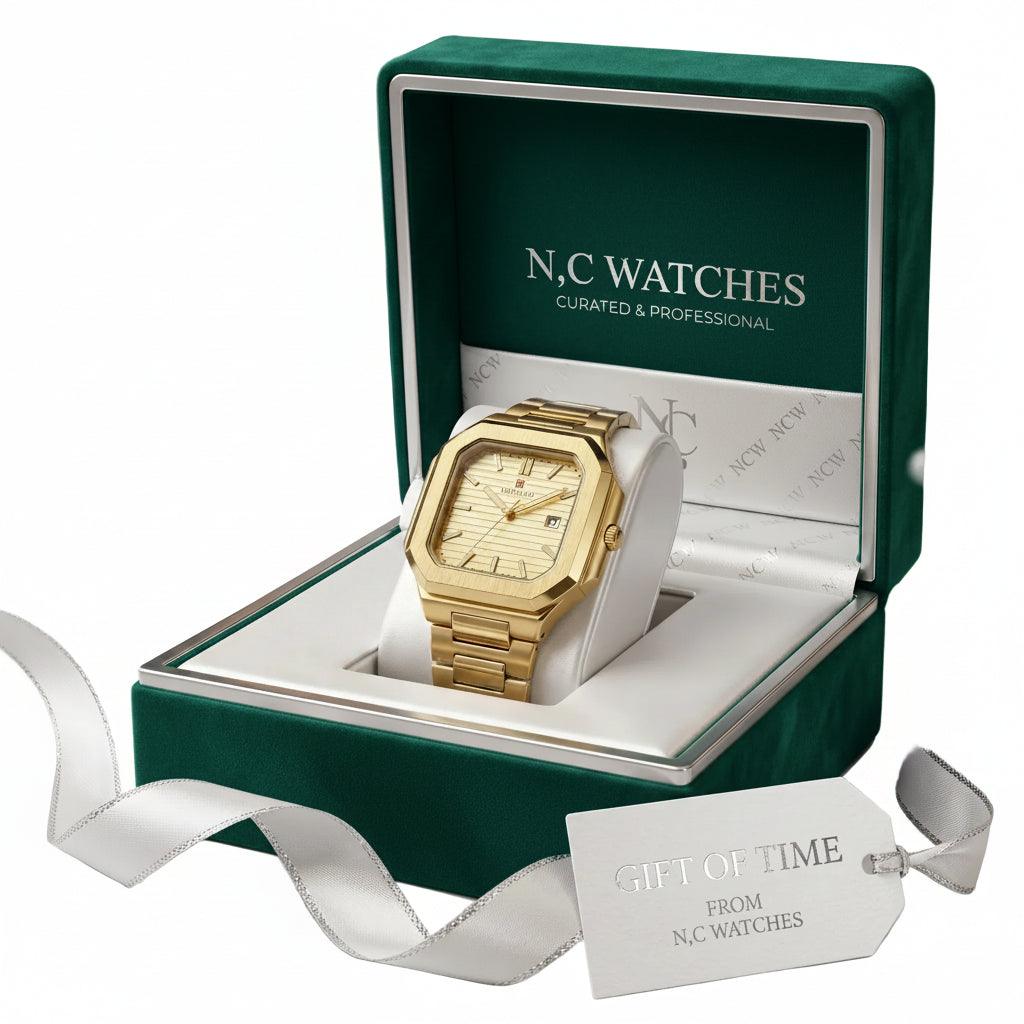 360watch gents collection in elegant blue gift box with gold stainless steel watch.