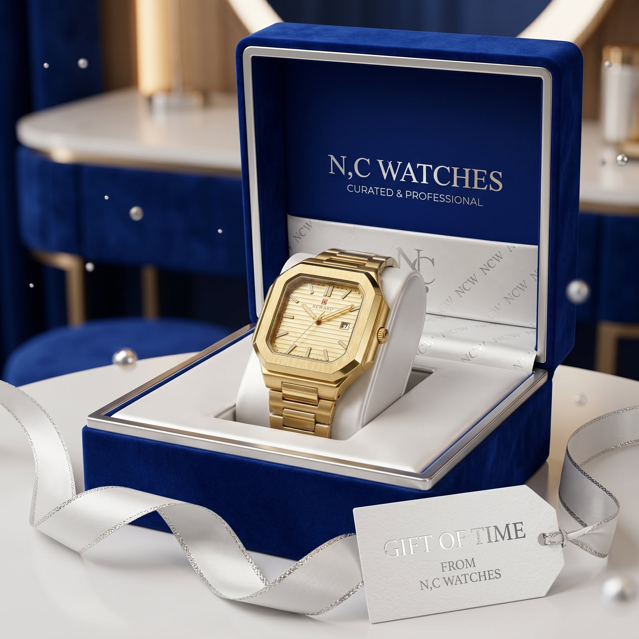 360watch gents collection in elegant blue gift box with gold stainless steel watch.